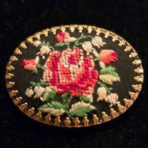 Vintage Black Brooch with Pink and Green Floral Embroidery